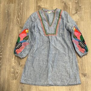 Boden Blue Dress with Colorful Parrot Embroidery Leonie Linen Dress